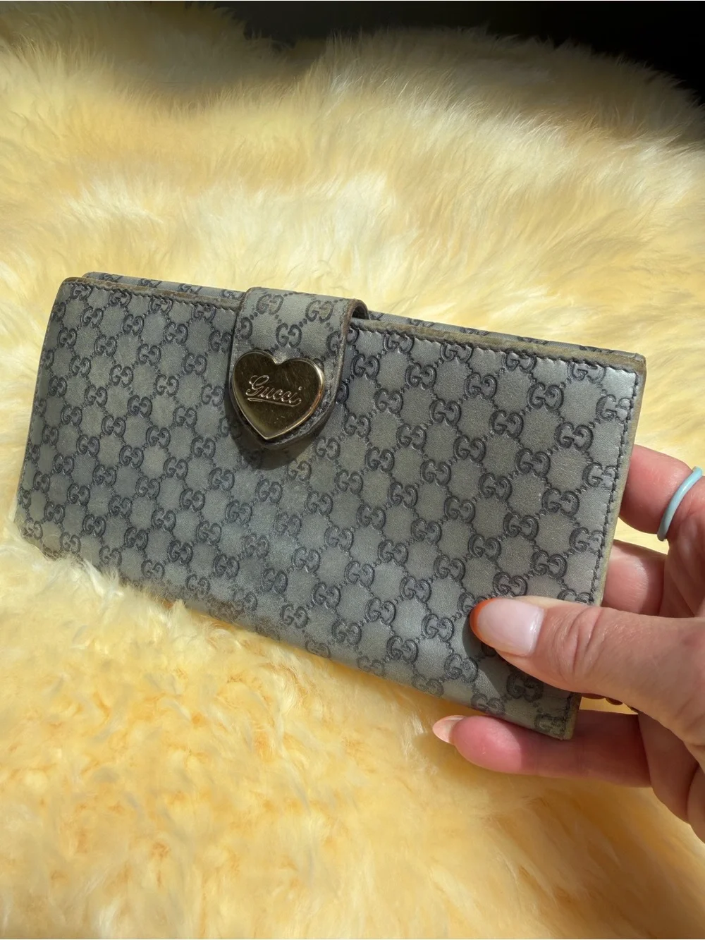 Gucci Grey Monogram Stamped Leather Fold Wallet w/ Gold Heart Emblem Zip Coin ❤️